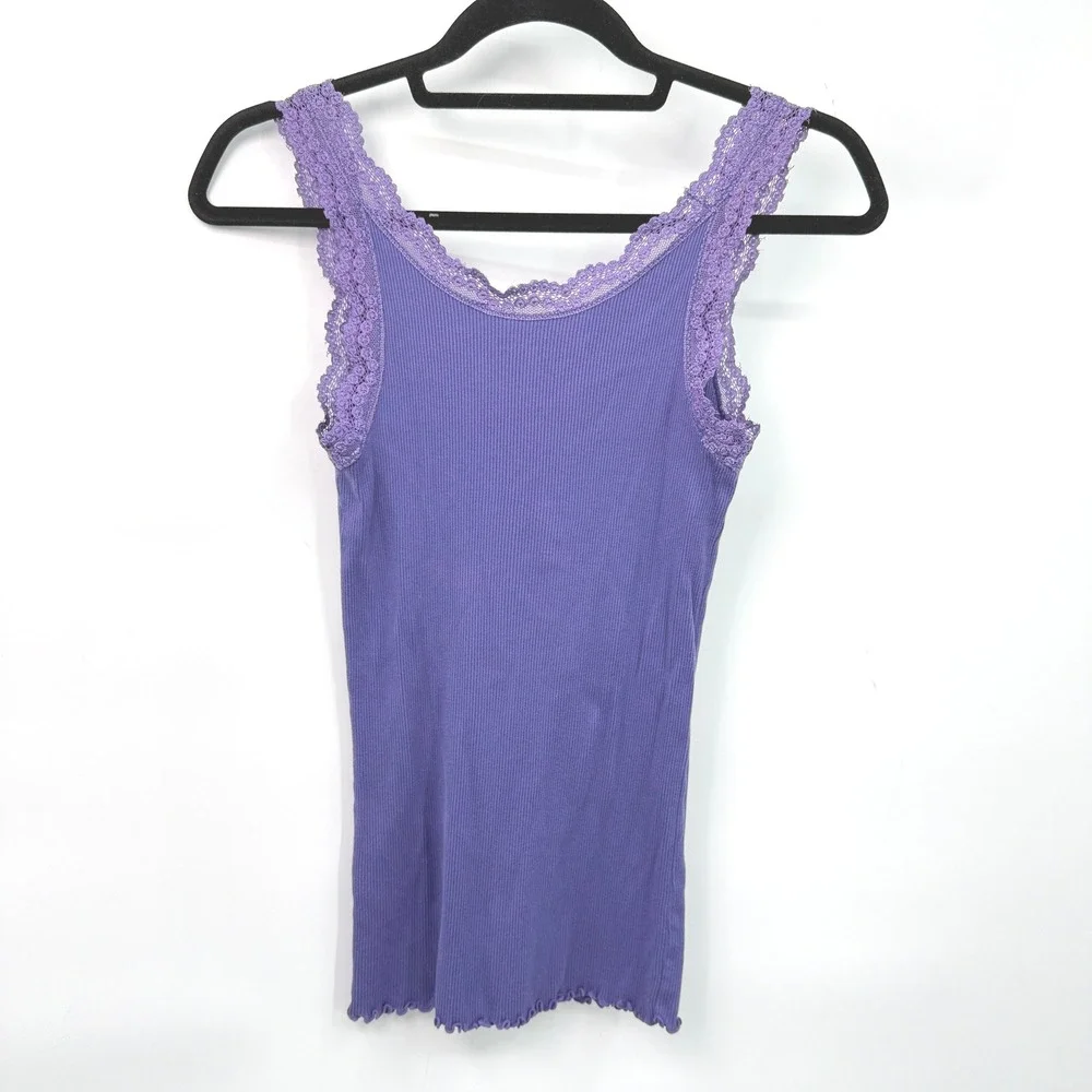 Vintage Caslon Tank Top Womens S‎ Purple Lace Trim Ribbed Y2K